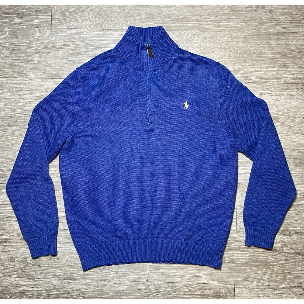 Men Large Polo Ralph Lauren Sweater Blue 1/4 Zip Mock Neck Cotton Knit Pony Y2K